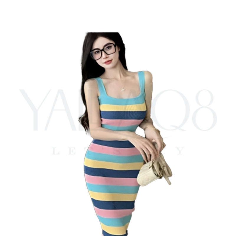 Women's Striped Pattern Sleeveless Short Dress - FKFDRS9094