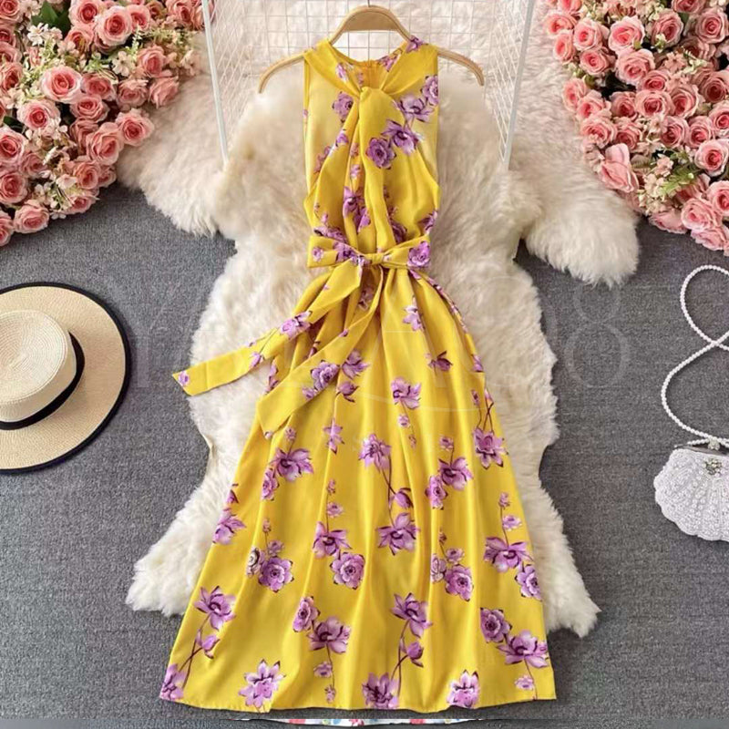 Women's Floral Pattern V-Neck Retro Style Dress- FKFDRS8785
