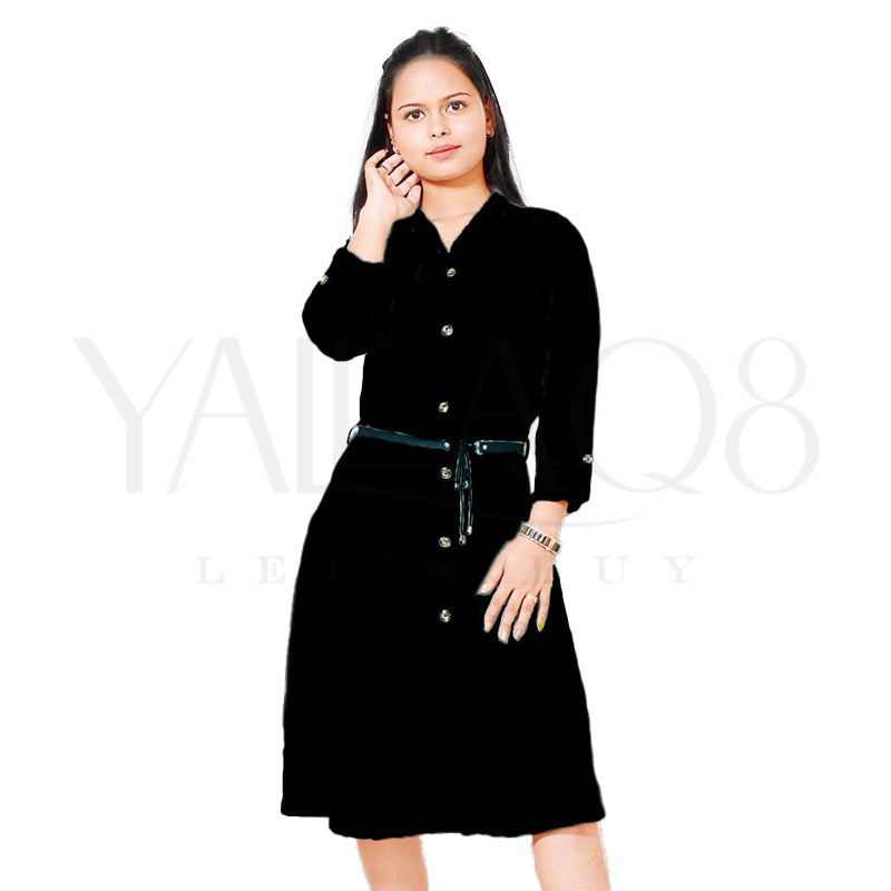 Women's Waist Tie-Up Stylish Front Button Short Dress - FKFDRS9087