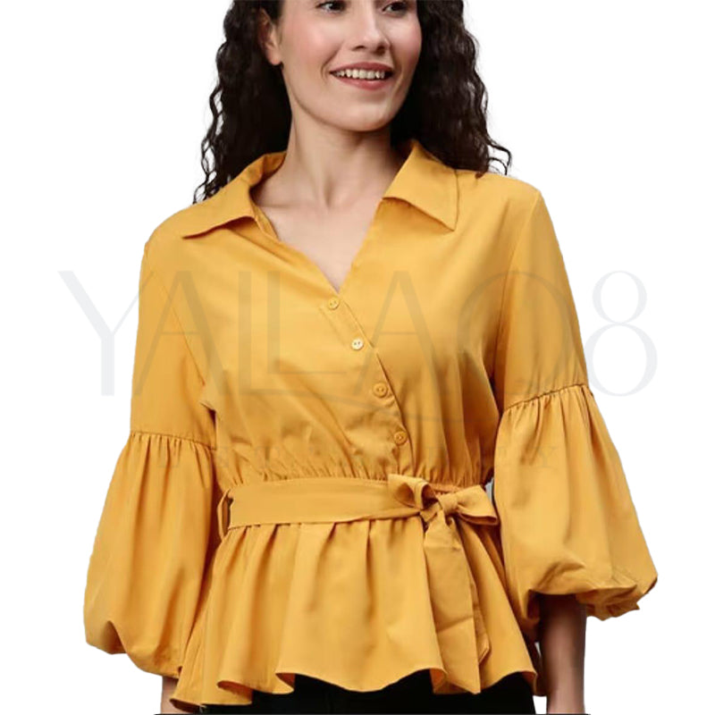 Women's Solid Colors Stylish Belted Shirt - FKFTOP9085