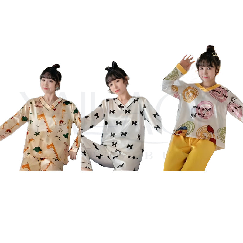 Women's Silk Satin V-Neck Printed Pyjama Set - FKFWPJS8997