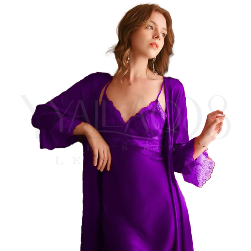 Women's V-Neck Silk Satin Bedroom Gown - FKFWSRTS8687